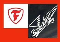 A red and white logo next to a black and white image of scissors.